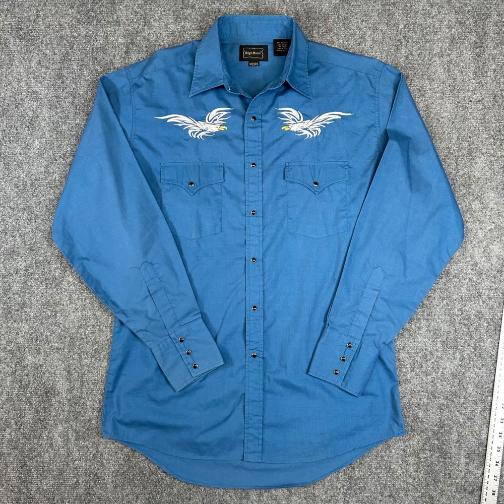High Noon Mens Blue Western Pearl Snap Shirt Eagle Embroidery Medium Long Sleeve